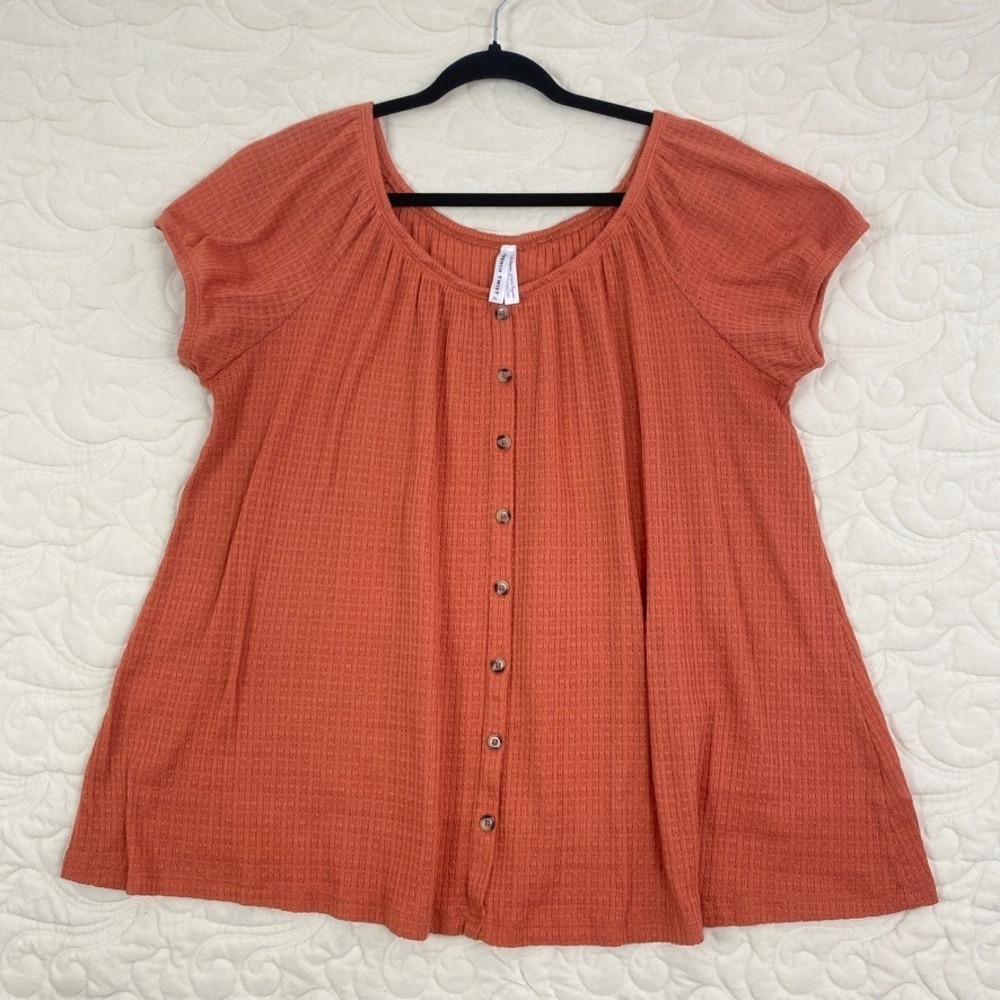French Twist Waffle Knit Top Rust Orange Button Front Cap Sleeve Womens 2X Plus